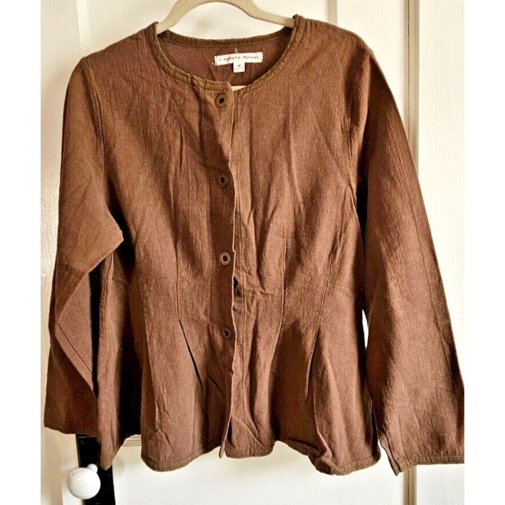 Vtg Christy Allen Sz‎ M cotton flax button front jacket brown USA made
